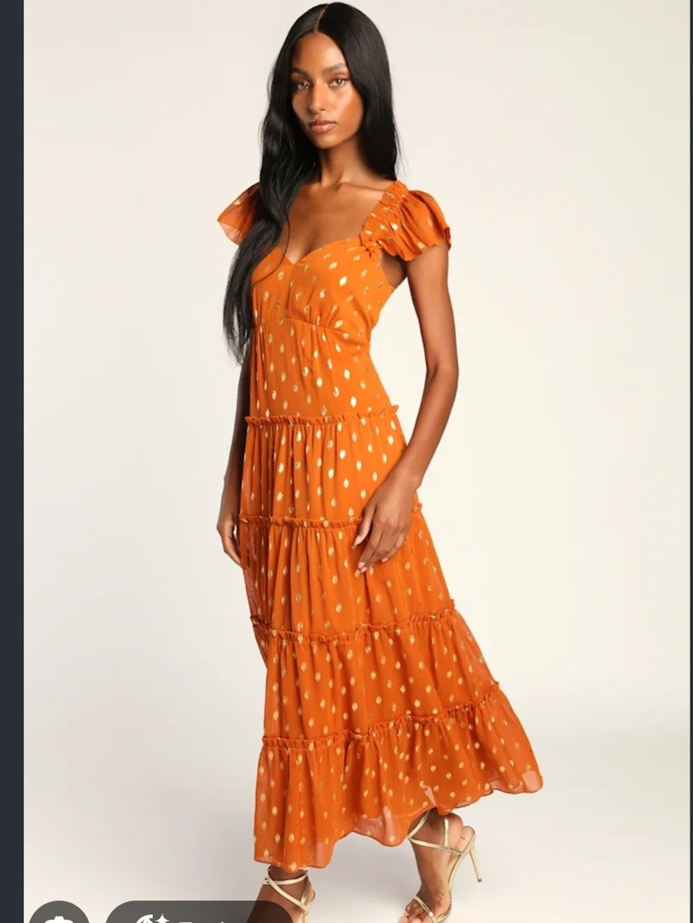 Lulu's Drops Of Sunshine Rust Polka Dot Ruffle Tiered Maxi Dress Size Large